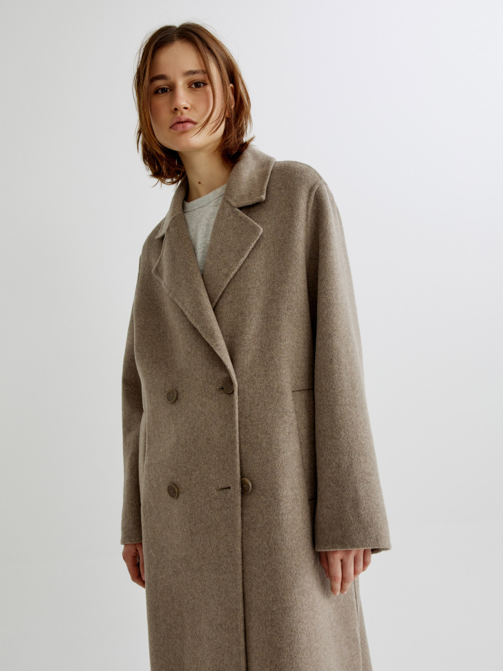 двубортное пальто макси из смесовой шерсти от бренда sela вид слева