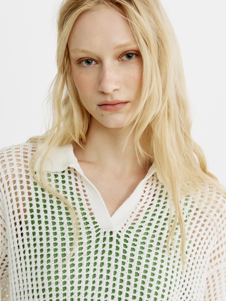 Вязаный джемпер-поло Sela кроше, белый, арт. 55023