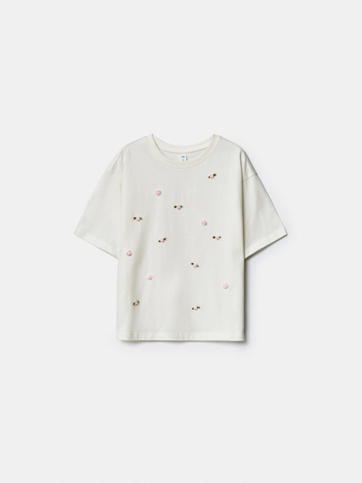 Футболка оверсайз SELA с принтом и аппликацией для девочек, белый, арт. 43785