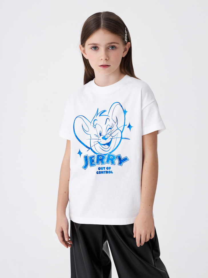 Белая футболка с принтом Tom and Jerry для девочек