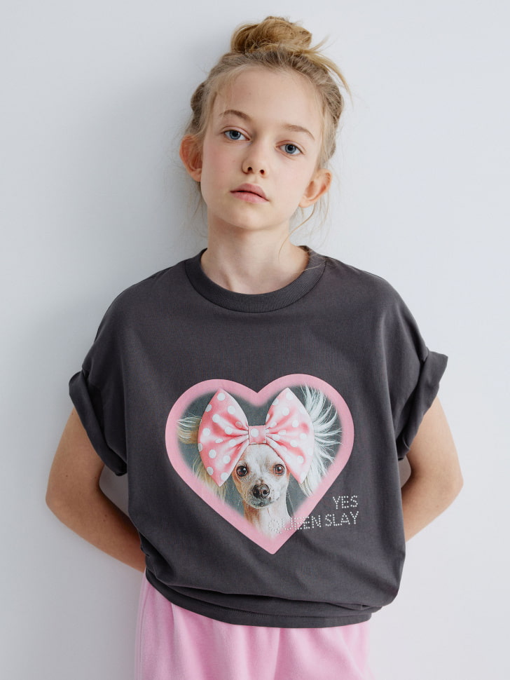 

Футболка оверсайз с принтом для девочек, SL5811050202