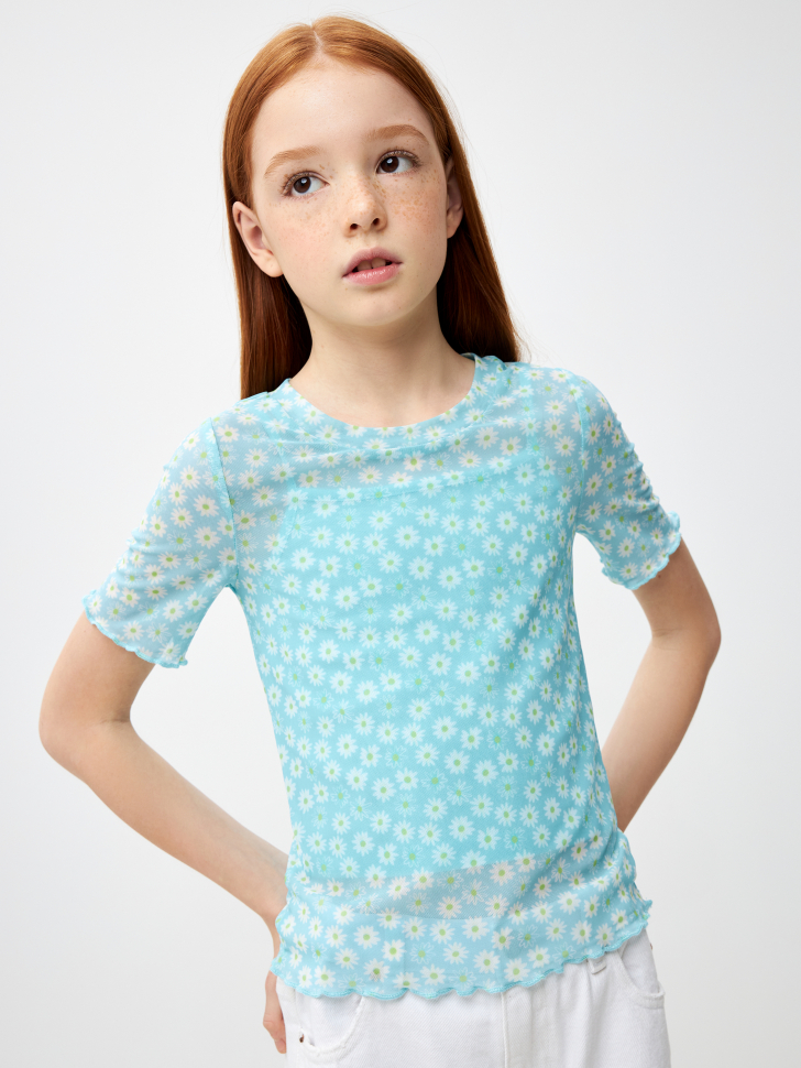 Укороченная футболка из сетки для девочек (голубой, 128)