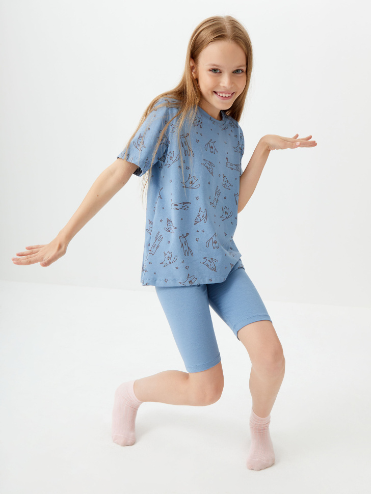Пижама с принтом для девочек (голубой, 122-128 (7-8 YEARS))