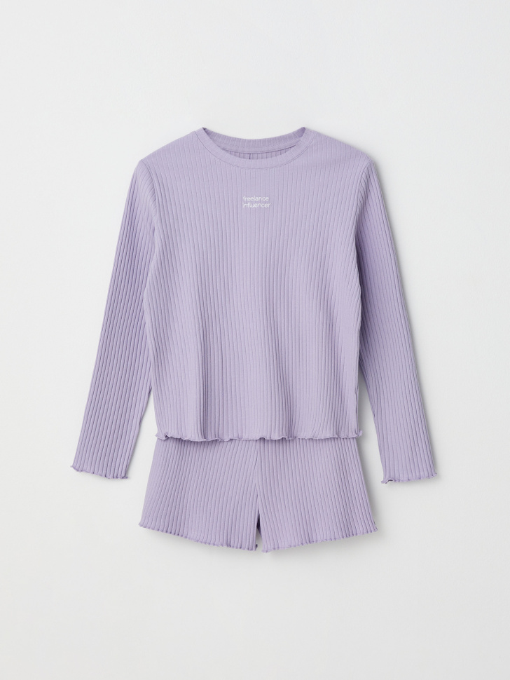 Трикотажная пижама в рубчик для девочек (фиолетовый, 122-128 (7-8 YEARS)) sela 4680129211721 - фото 1