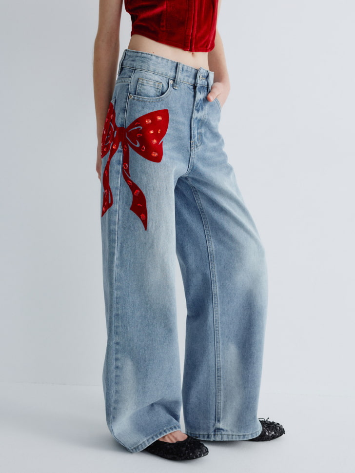 джинсы wide leg с бантом со стразами для девочек 4680798667065 фотография