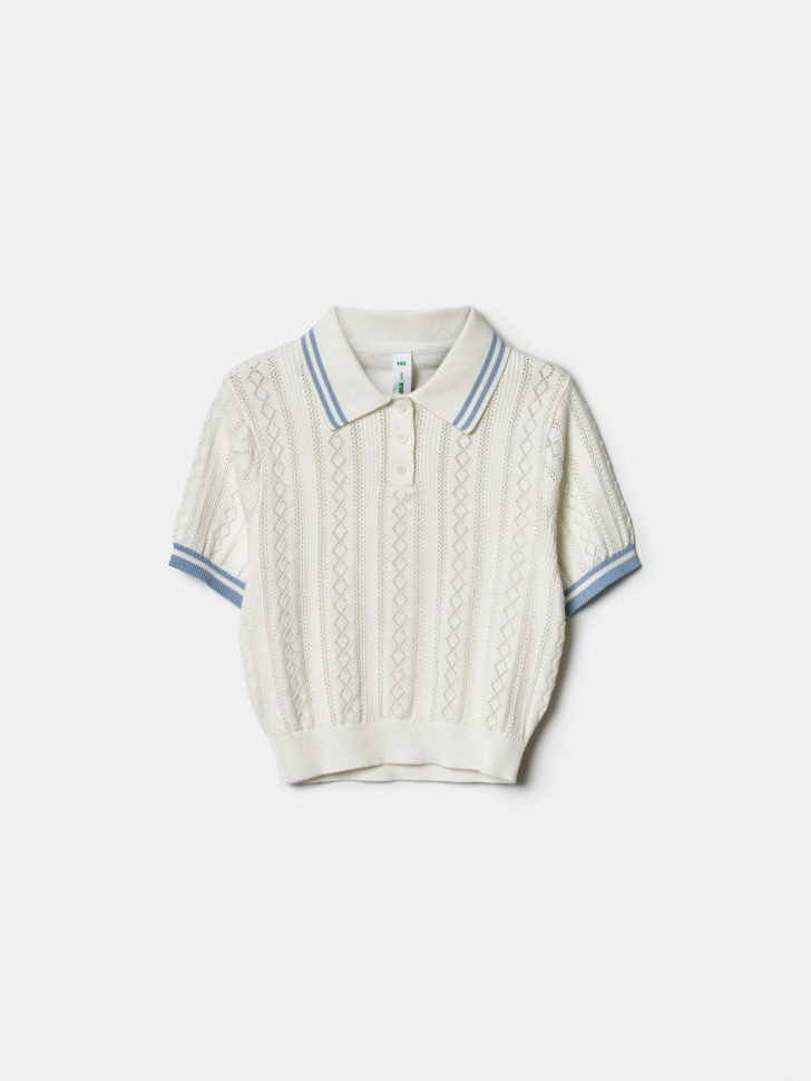 Вязаное поло Sela с коротким рукавом для девочек, белый, арт. 41978