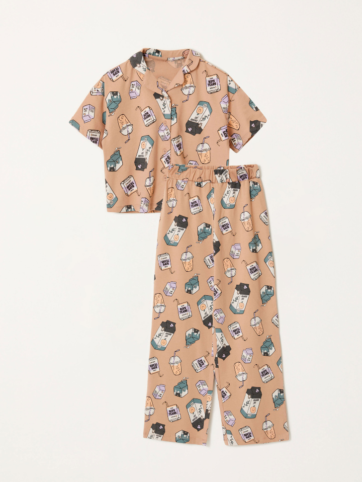 Трикотажная пижама с принтом для девочек (коричневый, 122-128 (7-8 YEARS)) sela 4680129031213