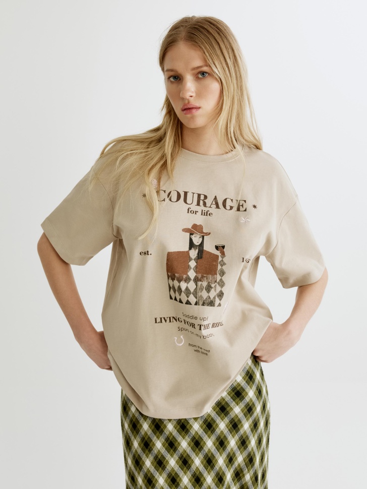 Футболка оверсайз Sela с принтом и вышивкой, бежевый, арт. 35616