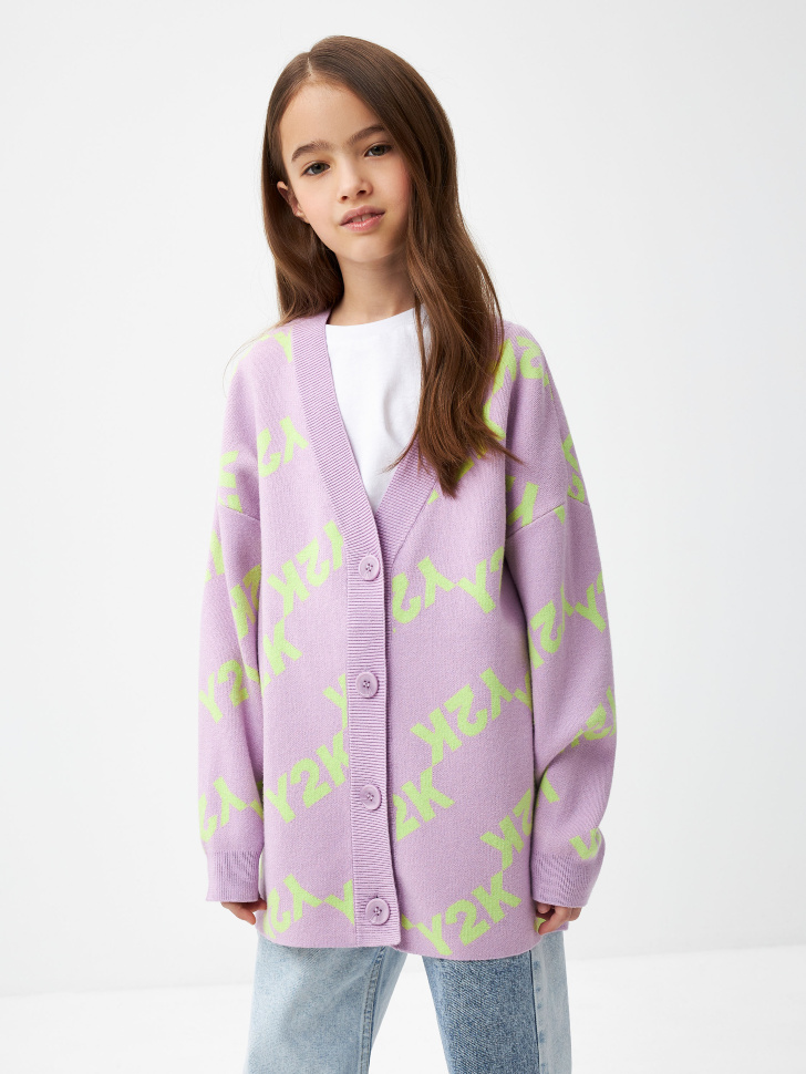Вязаный кардиган с принтом для девочек (сиреневый, 140)
