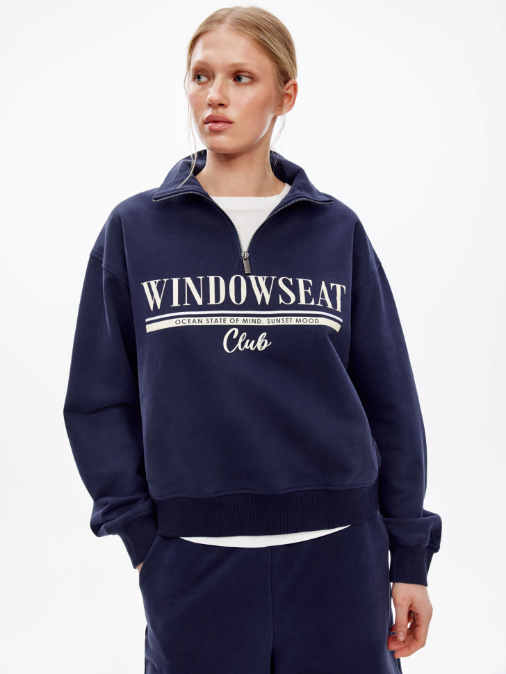 Свитшот SELA оверсайз с воротником на молнии, синий, арт. 51478