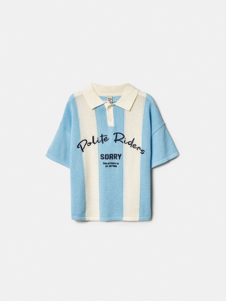 вязаное поло оверсайз в полоску с вышивкой для мальчиков из россии вид сбоку