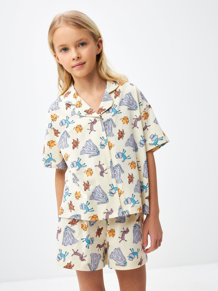 Трикотажная пижама с принтом для девочек (принт, 134-140)