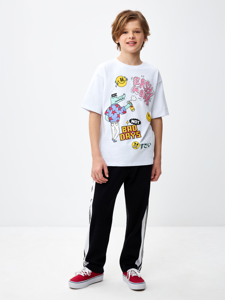 Трикотажные брюки с лампасами для мальчика (черный, 134)