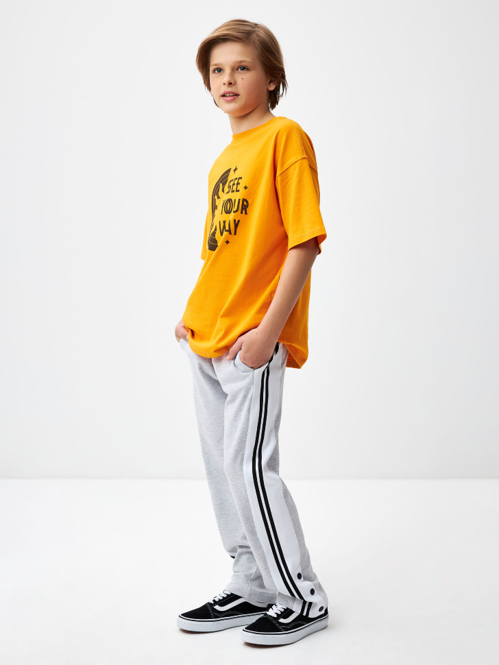 Трикотажные брюки с лампасами для мальчиков (серый, 128) sela 4680168672101 - фото 1