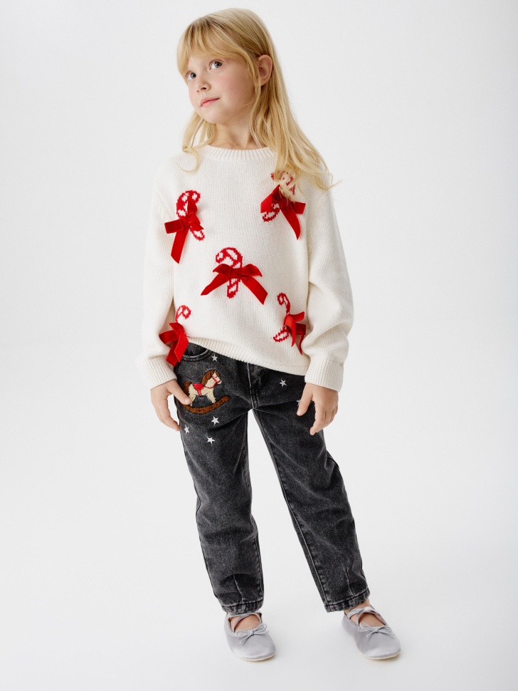 вязаный джемпер с бантиками для девочек из хлопка спереди