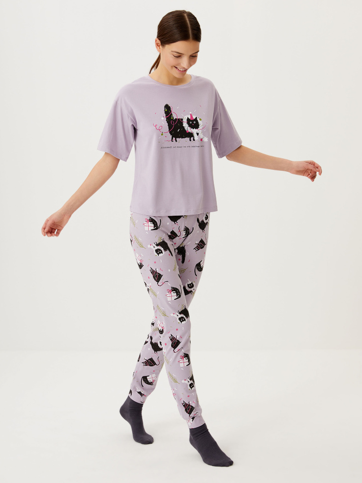 Трикотажная пижама с принтом (фиолетовый, XS) sela 4680129128128 - фото 1