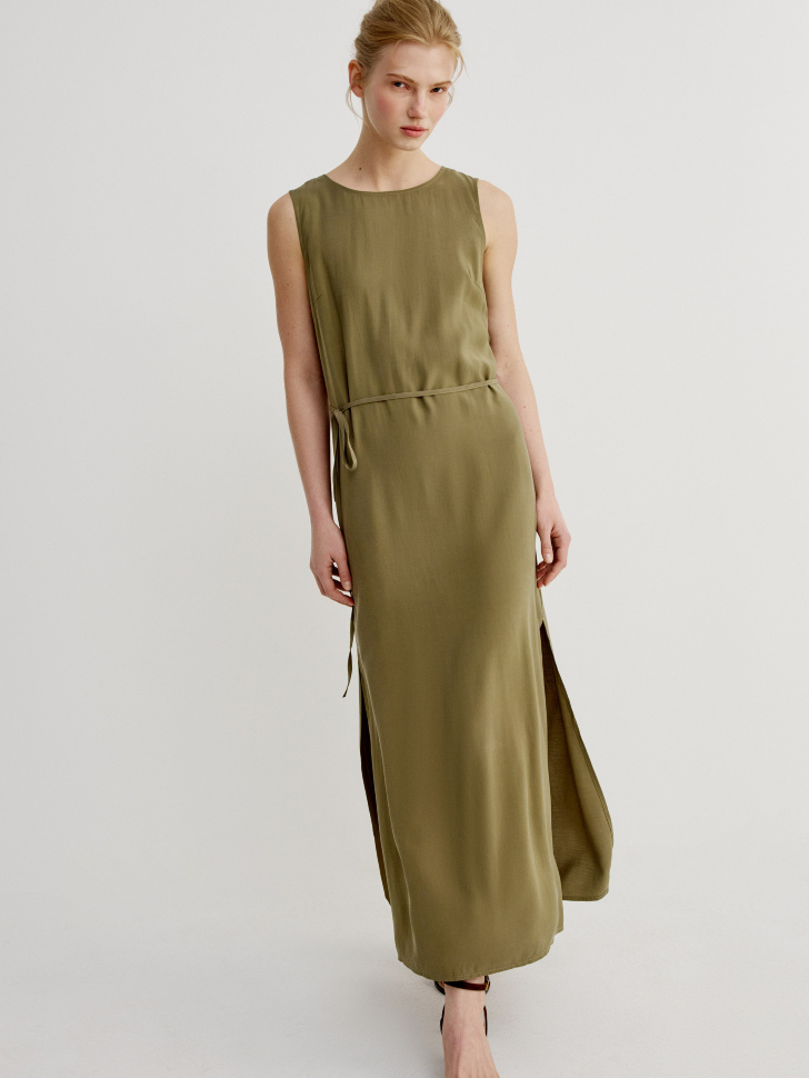 Платье миди Sela из вискозы с поясом, хаки, арт. 49490