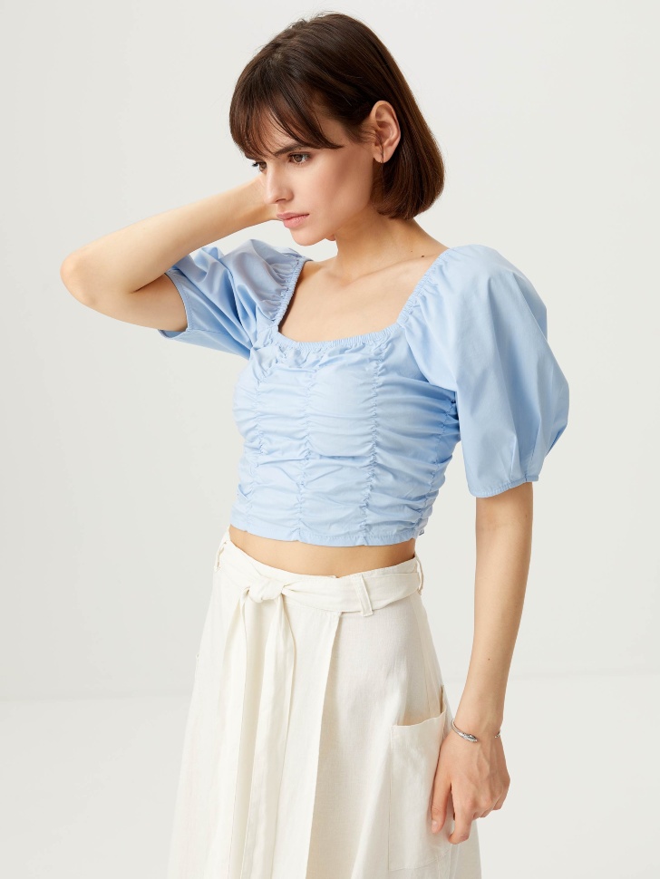 Укороченная блузка с пышными рукавами (голубой, M) от Sela