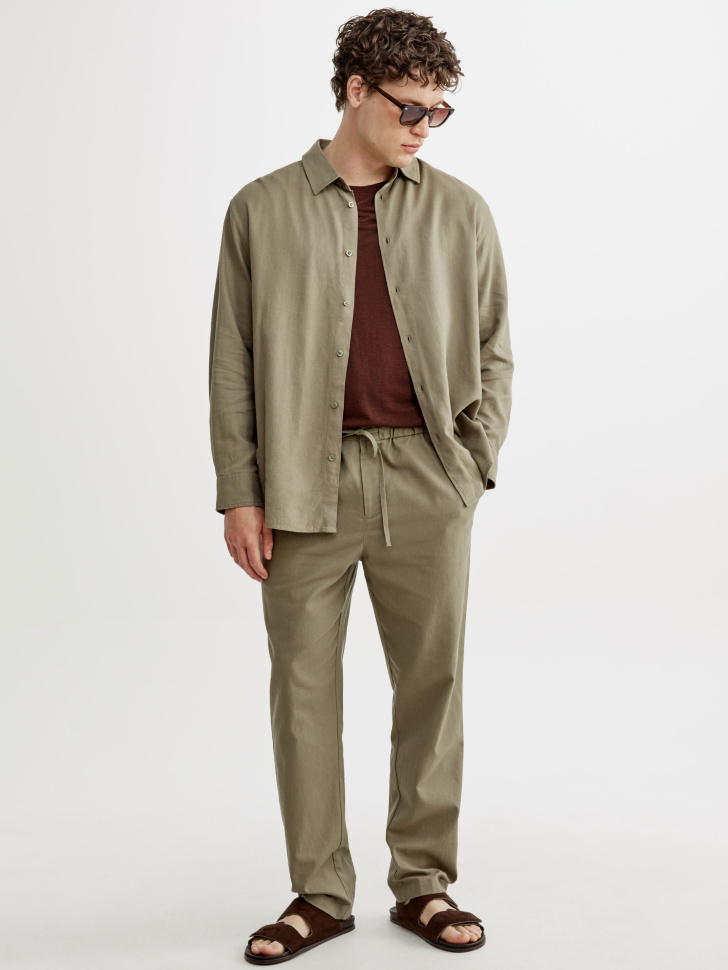 Прямые брюки из смесового льна Sela, хаки, арт. 52725