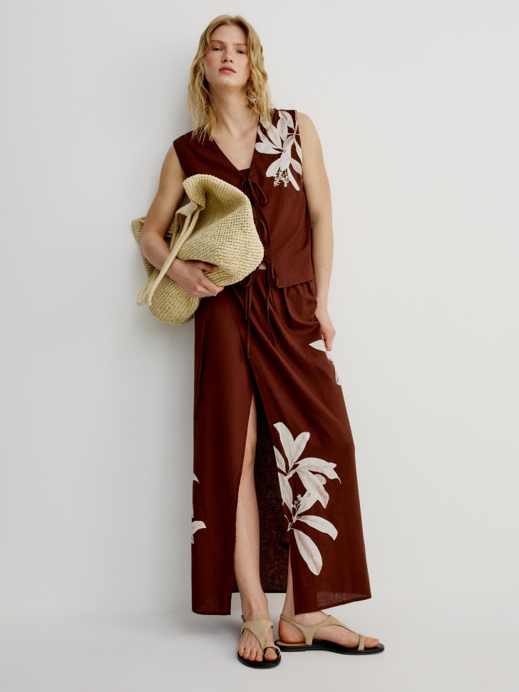 Юбка с запахом Sela из смесового льна, коричневый, арт. 52058