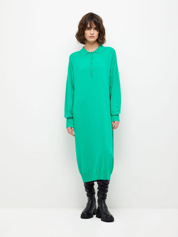Вязаное платье с воротником поло (зеленый, L)