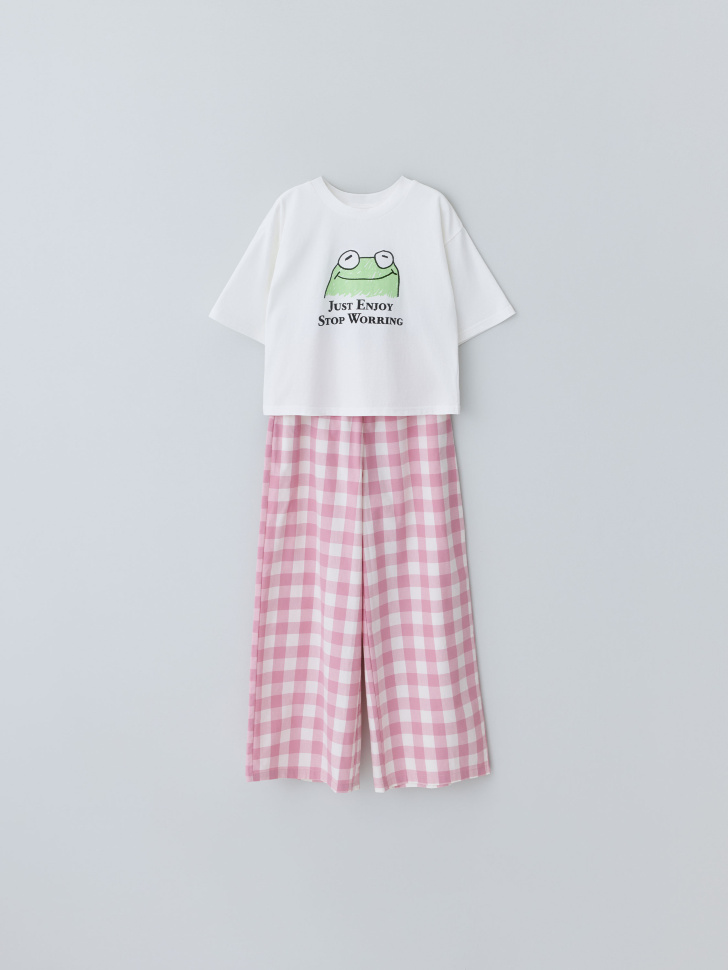 Пижама с брюками в клетку для девочек - фото 1