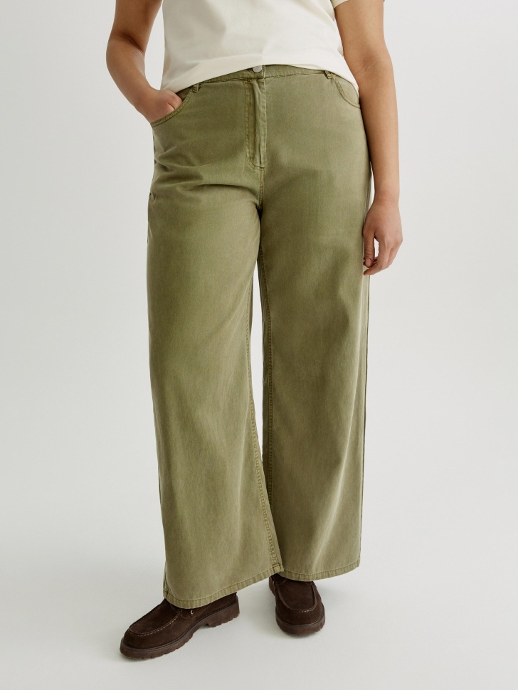 прямые брюки со стиркой из мягкого тенселя и хлопка из хлопка спереди