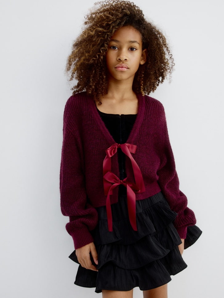 вязаный кардиган из смесовой шерсти с бантиками для девочек 4680798771410 фотография