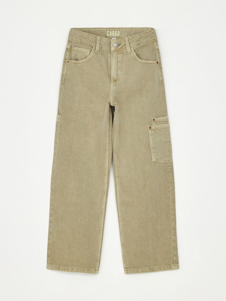Широкие джинсы с накладными карманами для девочек (зеленый, 128)