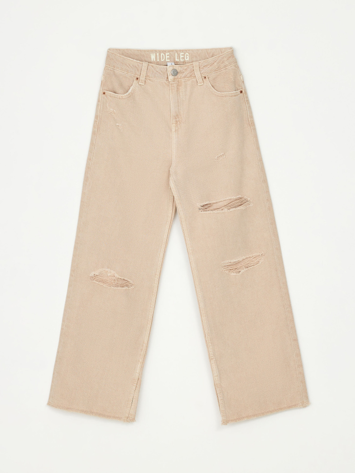 Рваные широкие джинсы для девочек (бежевый, 164)