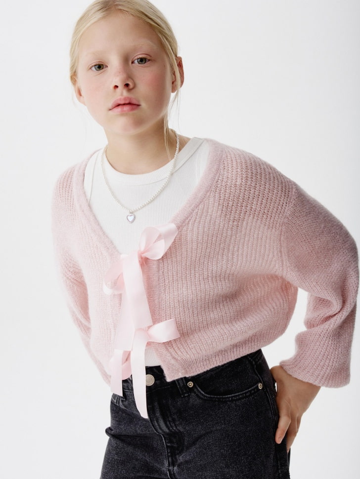 

Вязаный кардиган из смесовой шерсти с бантиками для девочек, SL5811050608