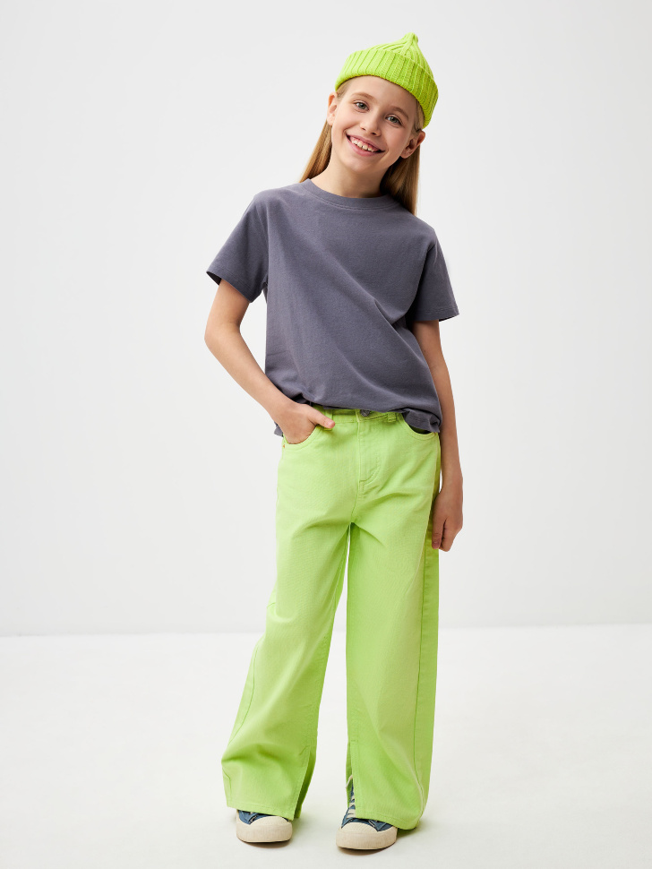 Широкие джинсы с разрезами для девочек (зеленый, 128)