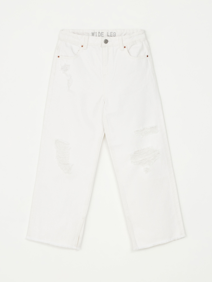 Рваные широкие джинсы для девочек (белый, 134)