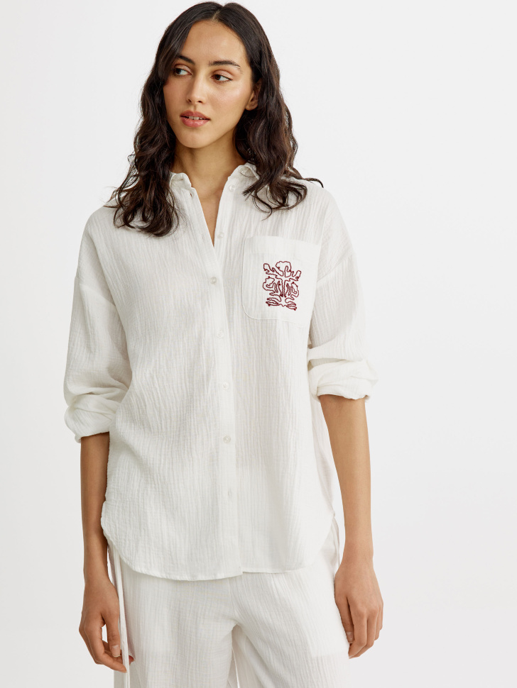 Рубашка муслиновая Sela оверсайз с вышивкой, белый, арт. 54328