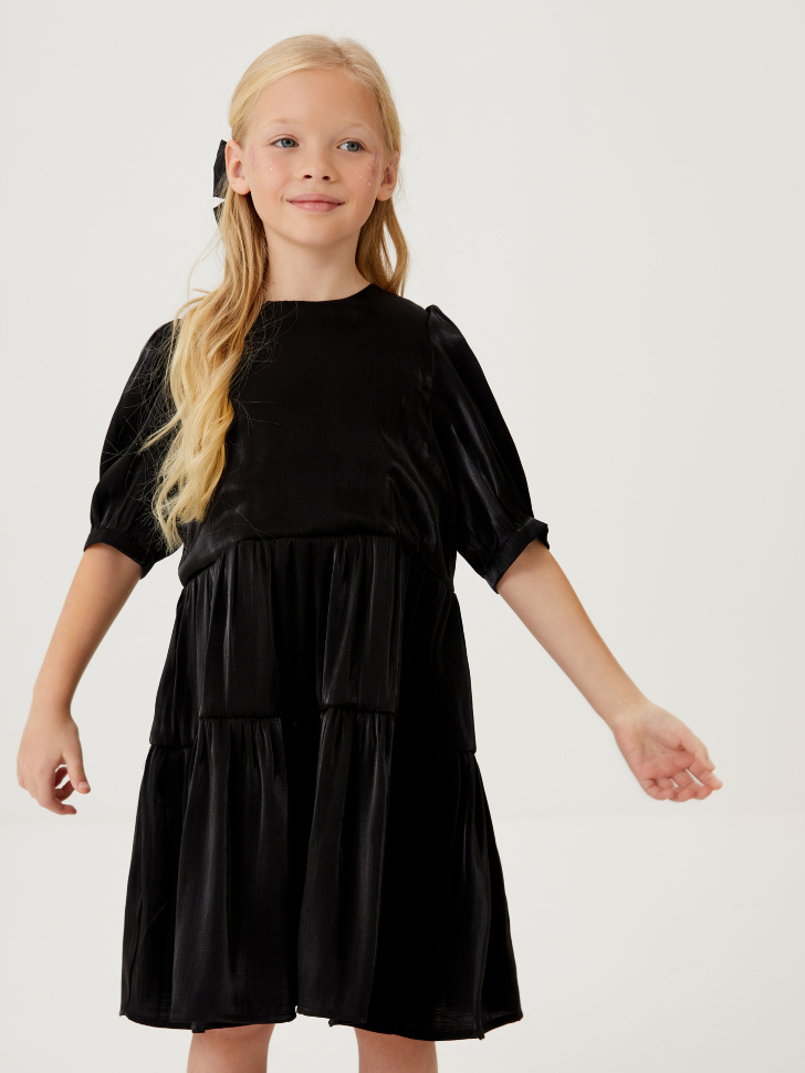 Ярусное платье с эффектом металлик для девочек (черный, 146/ 11-12 YEARS) от Sela