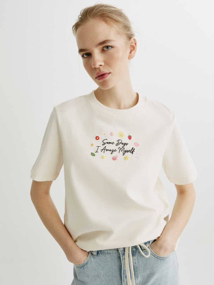 Футболка SELA с объемным принтом, белый, арт. 41985