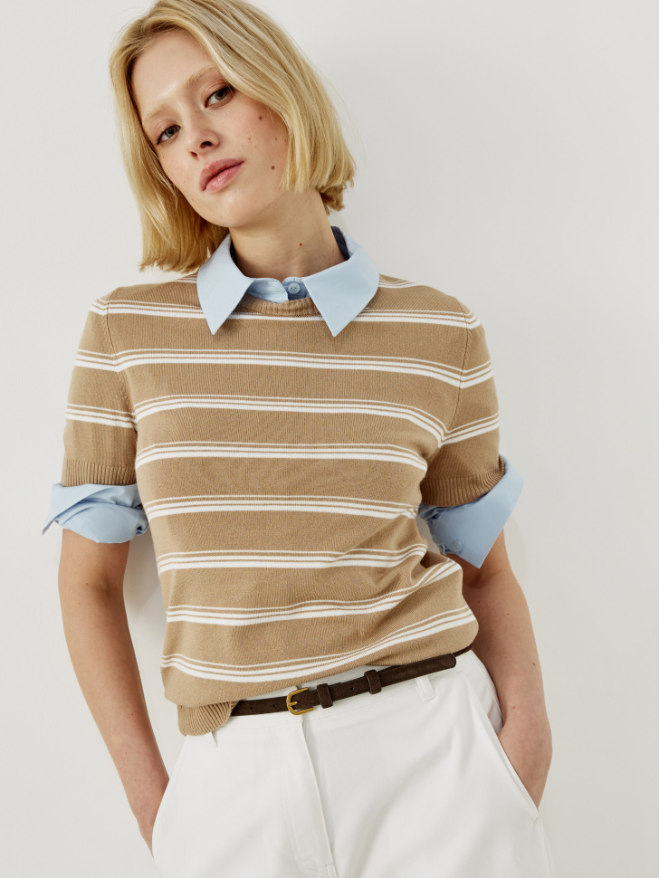 Джемпер Sela вязаный в полоску с коротким рукавом, бежевый, арт. 43952