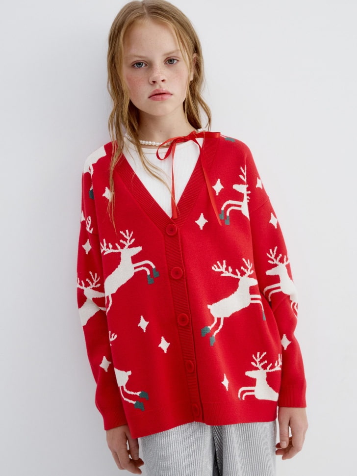 вязаный кардиган с жаккардовым принтом для девочек 4610517140777 фотография