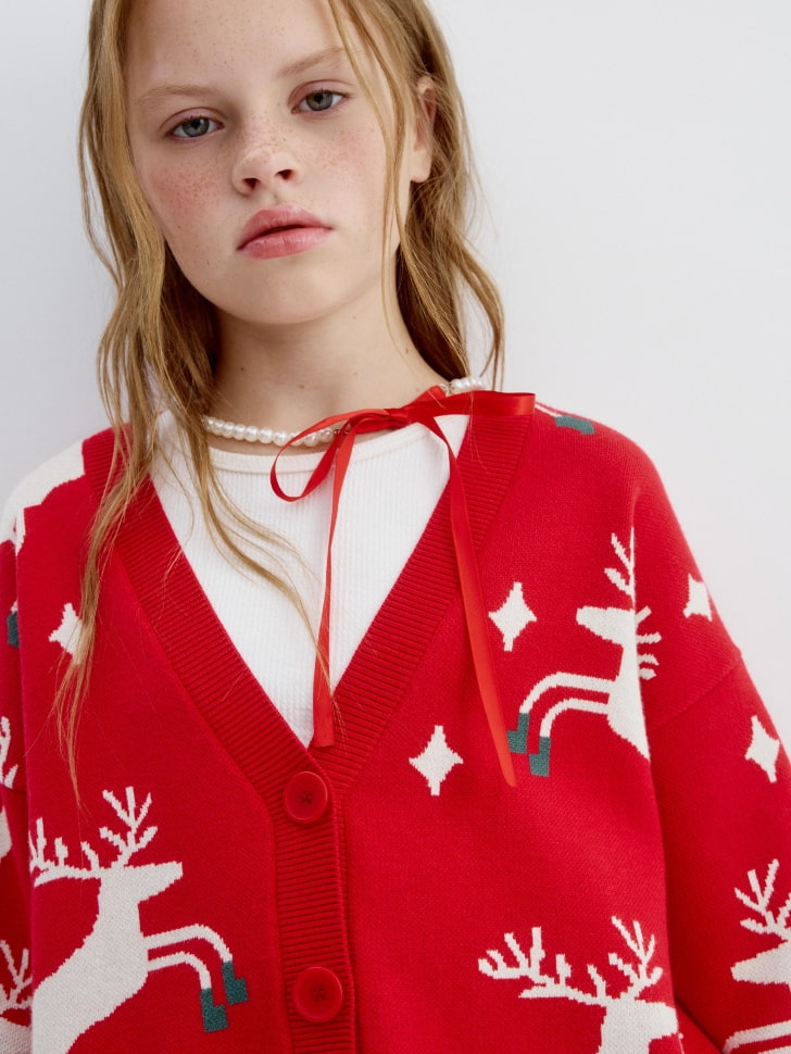 вязаный кардиган с жаккардовым принтом для девочек 4610517140777 в интернет магазине