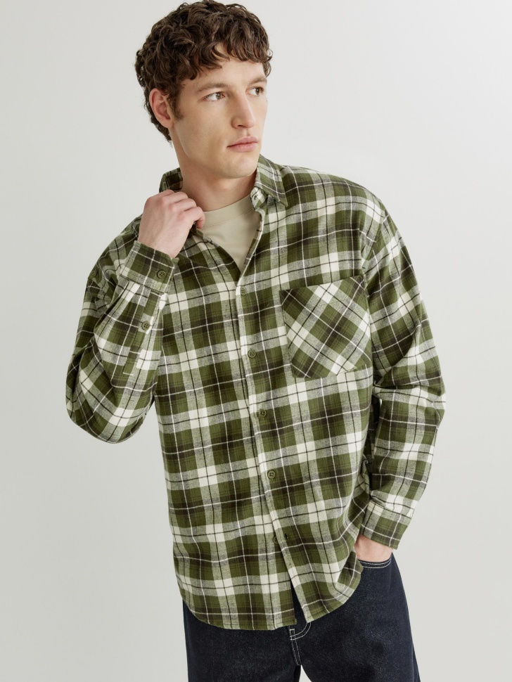 Фланелевая рубашка в клетку Sela, зеленый, арт. 43778