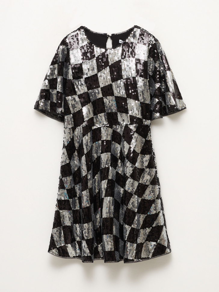 Платье в клетку с пайетками для девочек (черный, 134) sela 4680168065828 - фото 2