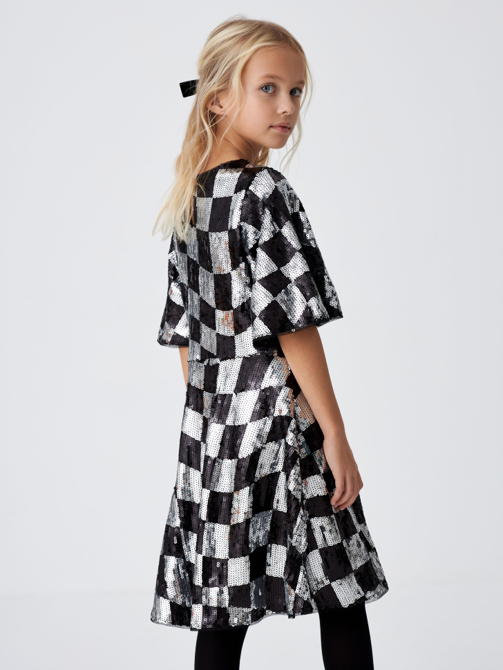 Платье в клетку с пайетками для девочек (черный, 134) sela 4680168065828 - фото 6