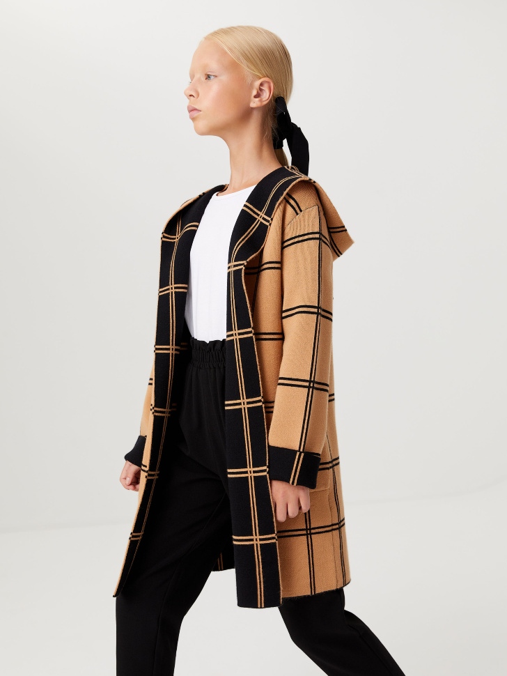 Вязаное пальто с капюшоном для девочек (черный, 134/ 9-10 YEARS) sela 4640078766420 - фото 5
