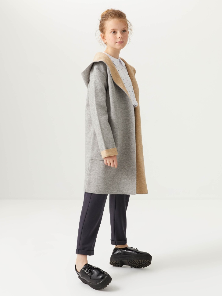 Вязаное пальто с капюшоном для девочек (серый, 146/ 11-12 YEARS) sela 4640078766383 - фото 1