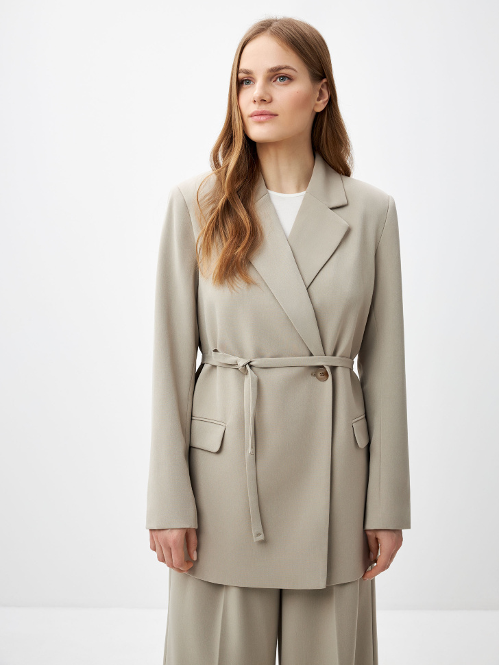 Удлиненный жакет с поясом (бежевый, M)