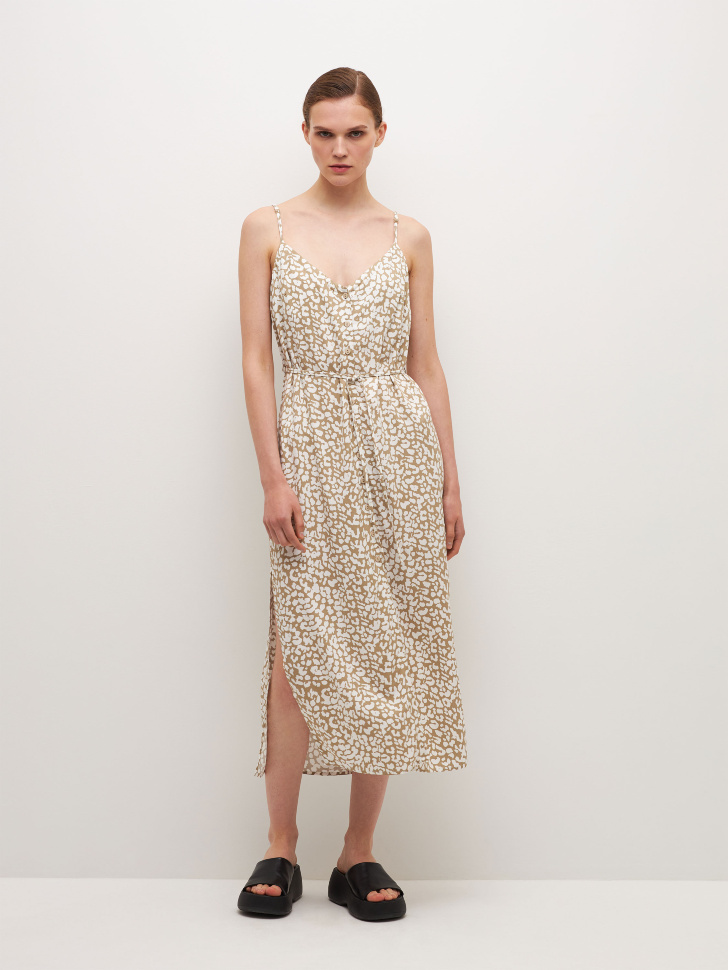 

Вискозное платье с поясом на талии, Бежевый