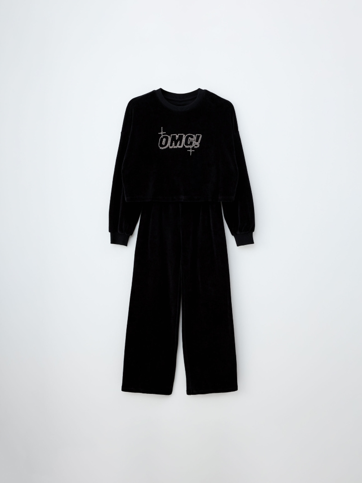 Черная вельветовая пижама со стразами для девочек - фото 4