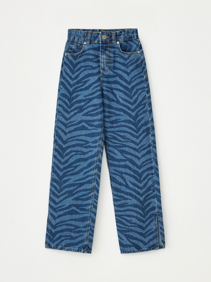 Широкие джинсы с анималистичным принтом для девочек (синий, 146)