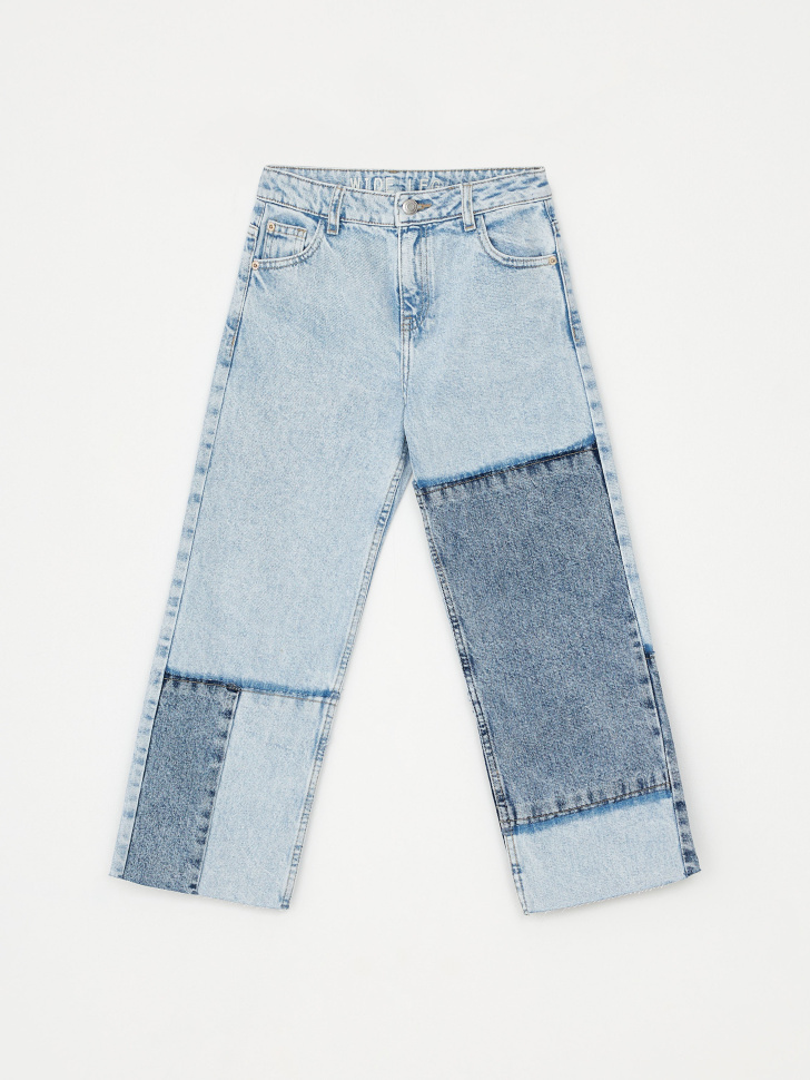 Широкие джинсы пэчворк для девочек  (голубой, 128)