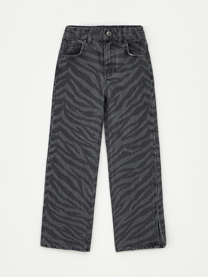 Широкие джинсы с анималистичным принтом для девочек (серый, 92)
